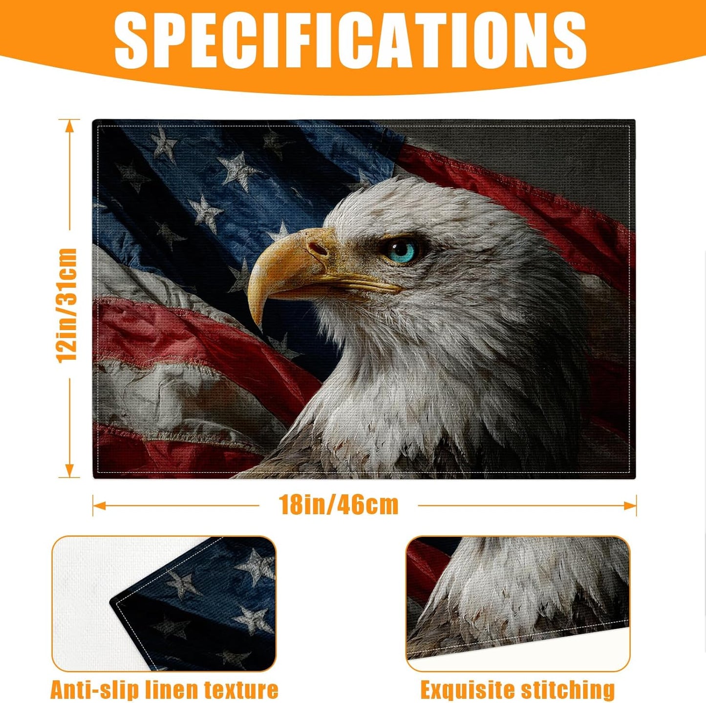 Juego de manteles individuales rectangulares con bandera estadounidense y águila 12 x 18 pulgadas