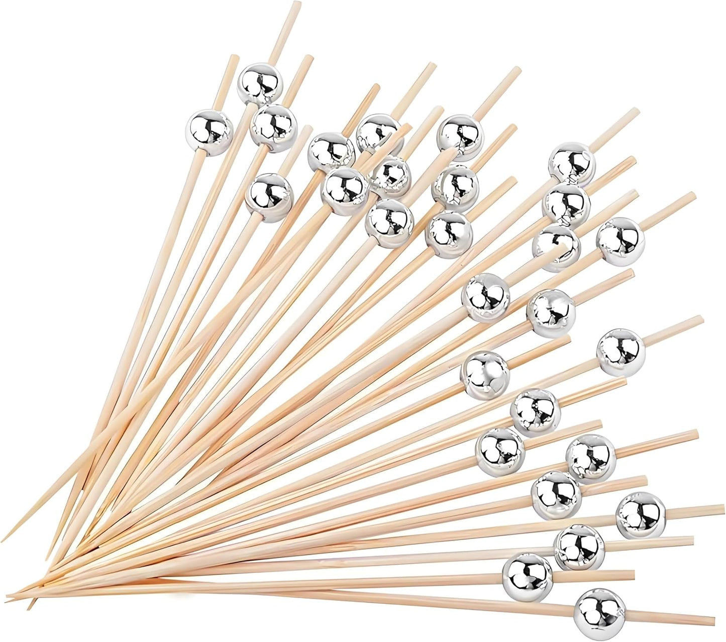 100 Pzas Púas Cóctel Palillos Bambú 11.9cm Bola Plata