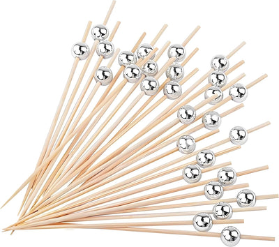 100 Pzas Púas Cóctel Palillos Bambú 11.9cm Bola Plata