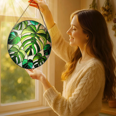 Atrapasol vidrio emplomado planta Monstera 8pulg decoración