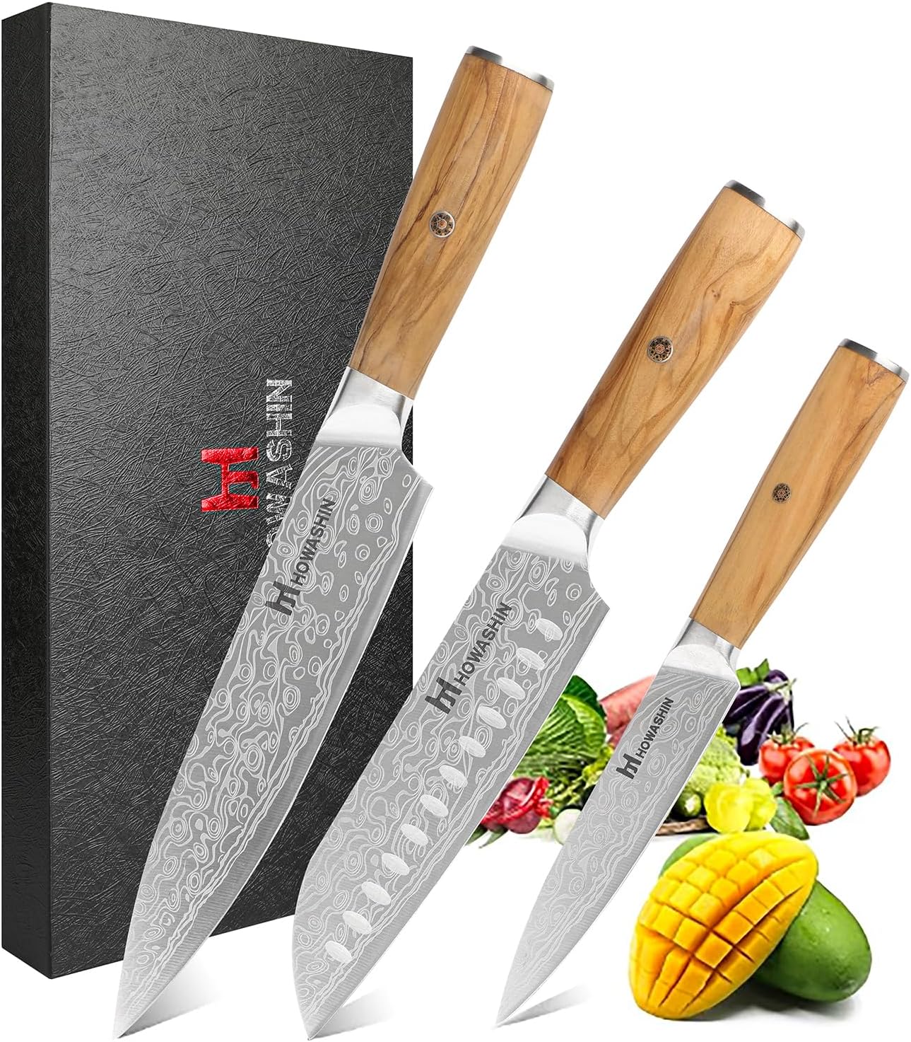 Set 3 Cuchillos Chef Acero Inox Alto Carbono Mango Olivo