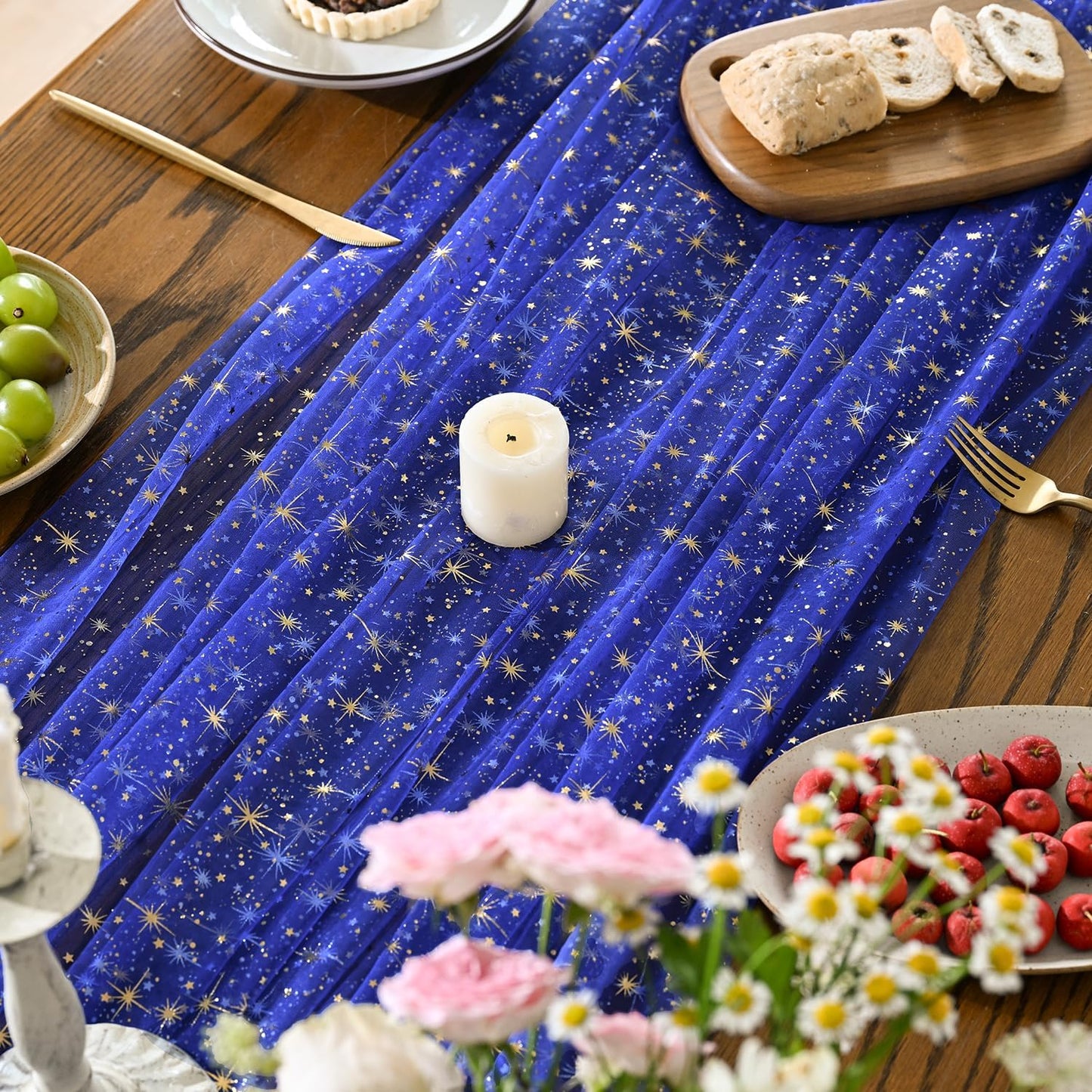 Mantel Gasa Azul Real Dorado 60x140pulg con Lentejuelas