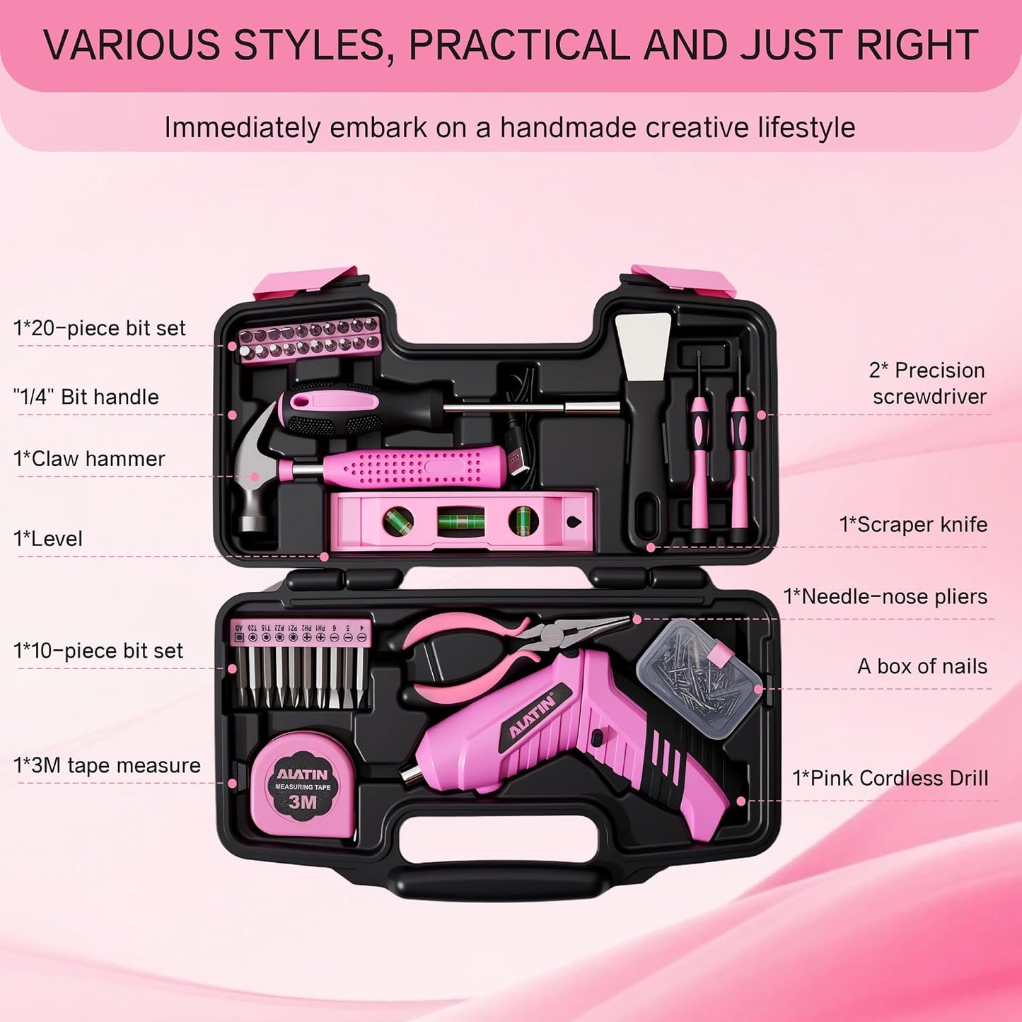 Juego 40 Pzas Taladro Inalámbrico Rosa 3.7V