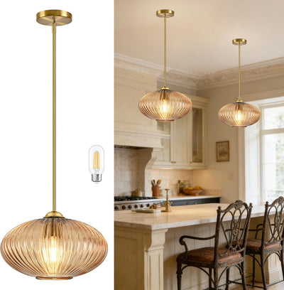 Lámpara colgante moderna cristal ámbar 10pulg oro cepillado comedor