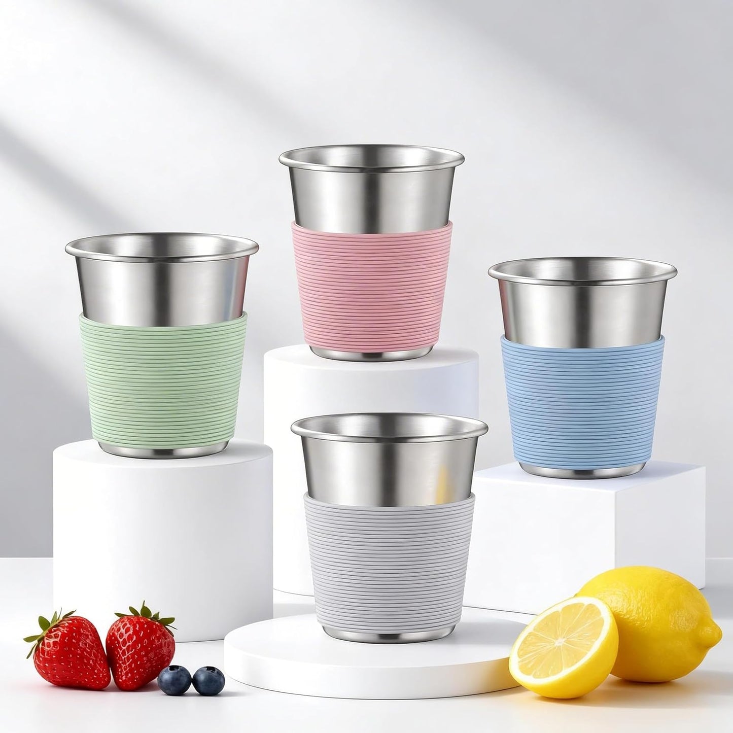 Vasos de acero inoxidable para niños con mangas de silicona, 8 oz, apilables y reutilizables