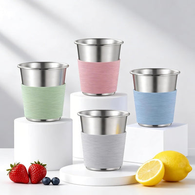 Vasos de acero inoxidable para niños con mangas de silicona, 8 oz, apilables y reutilizables