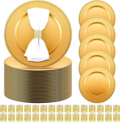 Set 200 platos lisos dorados 13pulg y porta servilletas malla