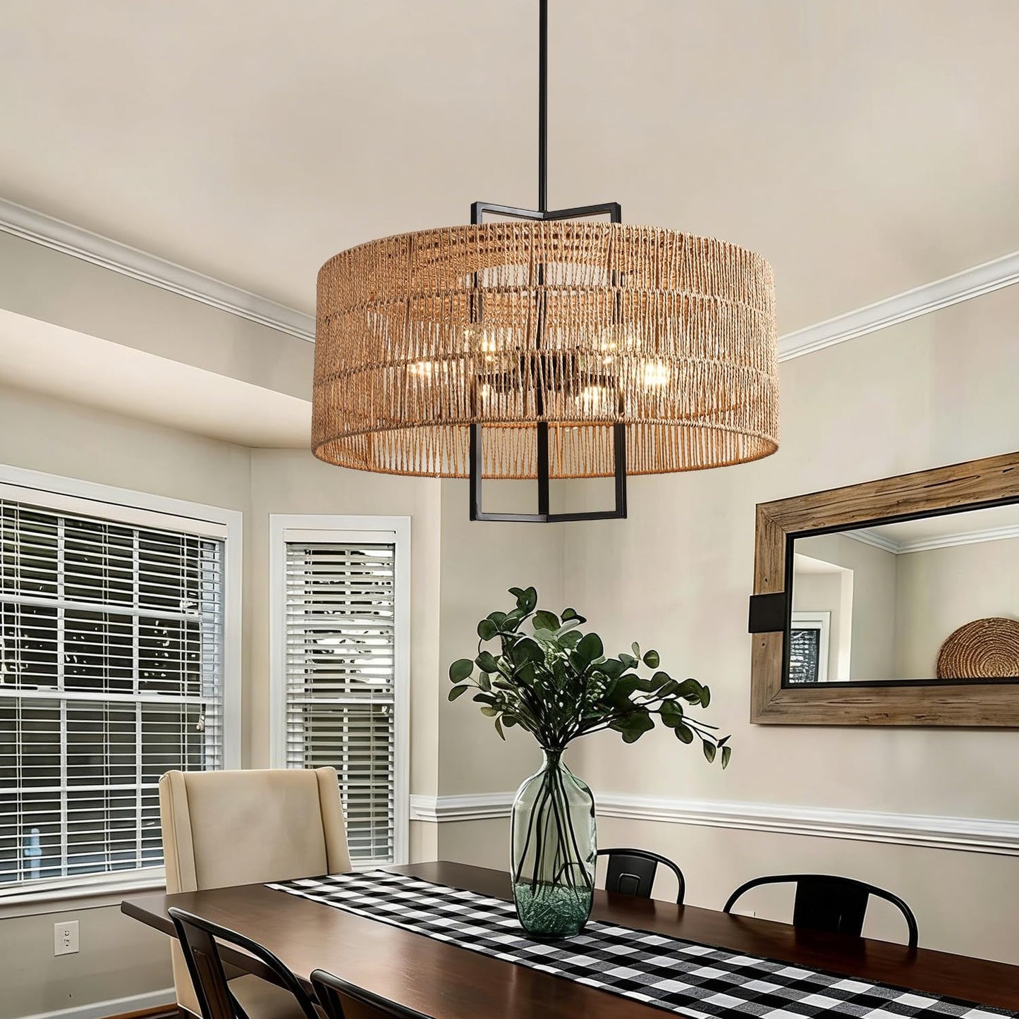 Lámpara colgante rattán 6 luces estilo boho comedor