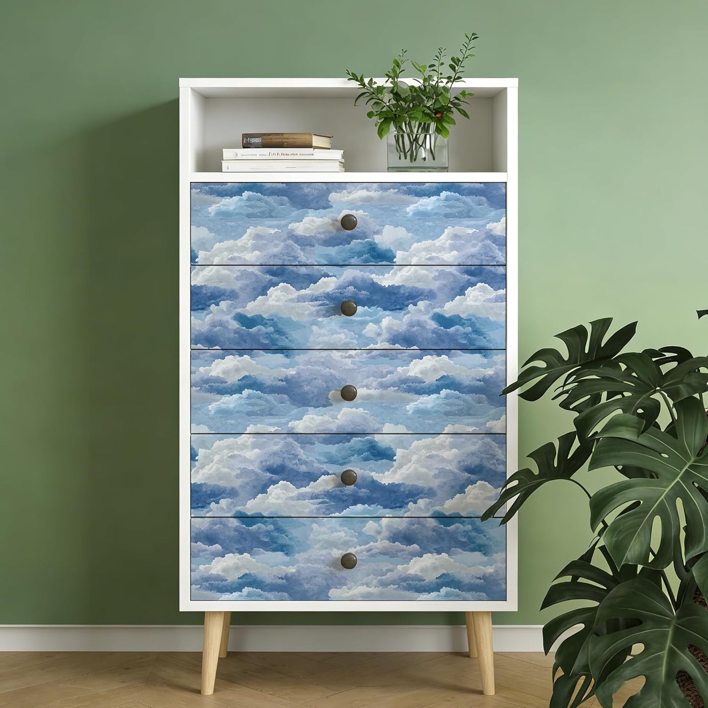 Papel tapiz acuarela Cloudscape autoadhesivo azul y blanco 17.7x118