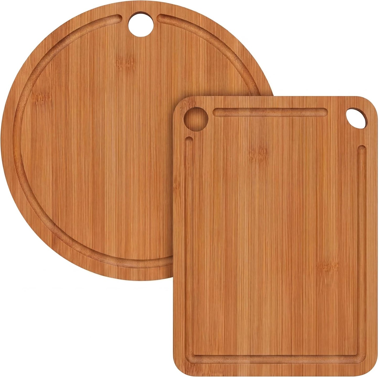 Juego de 2 tablas de cortar pequeñas de madera cuadradas y redondas con ranura para frutas, verduras, queso y embutidos
