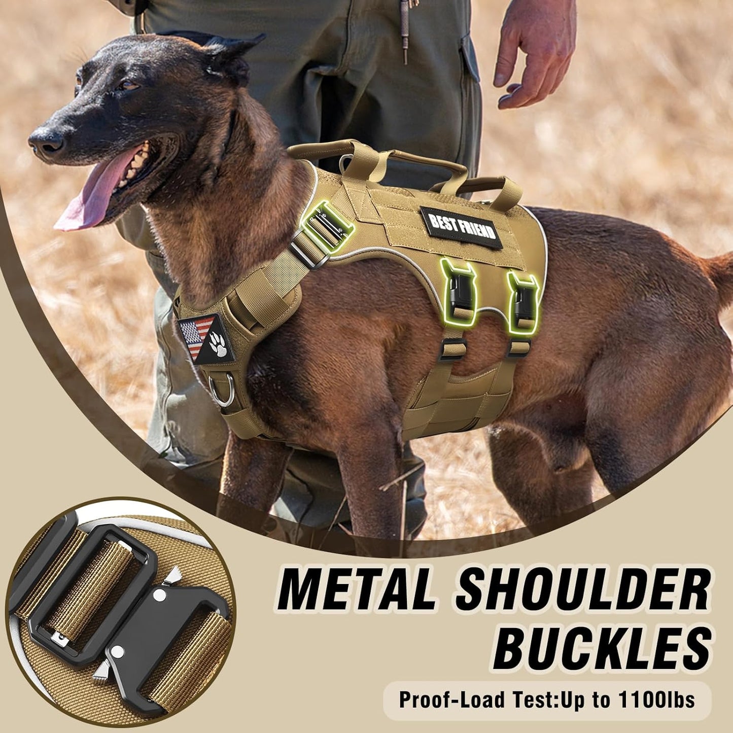 Arnés táctico perros grandes con hebillas metal malla Molle