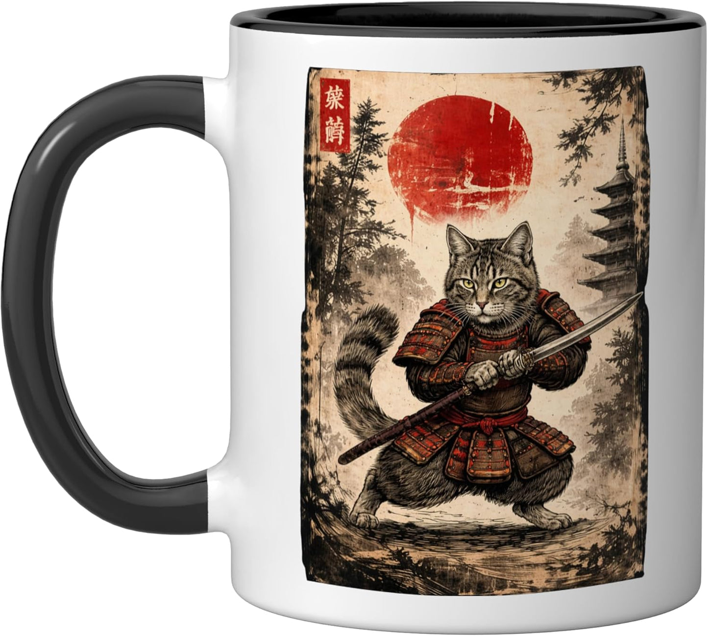 Taza cerámica samurái cat estilo japonés retro vintage negro/blanco