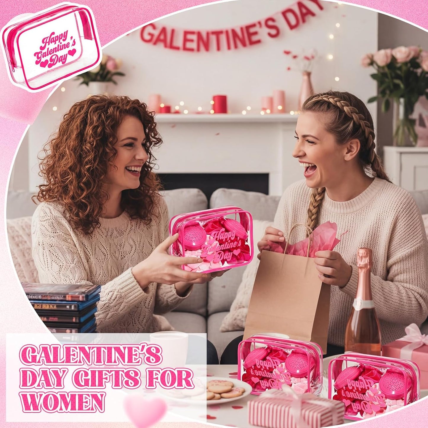 12 Bolsas Regalo Día Galentine Transparente Rosa con Marco