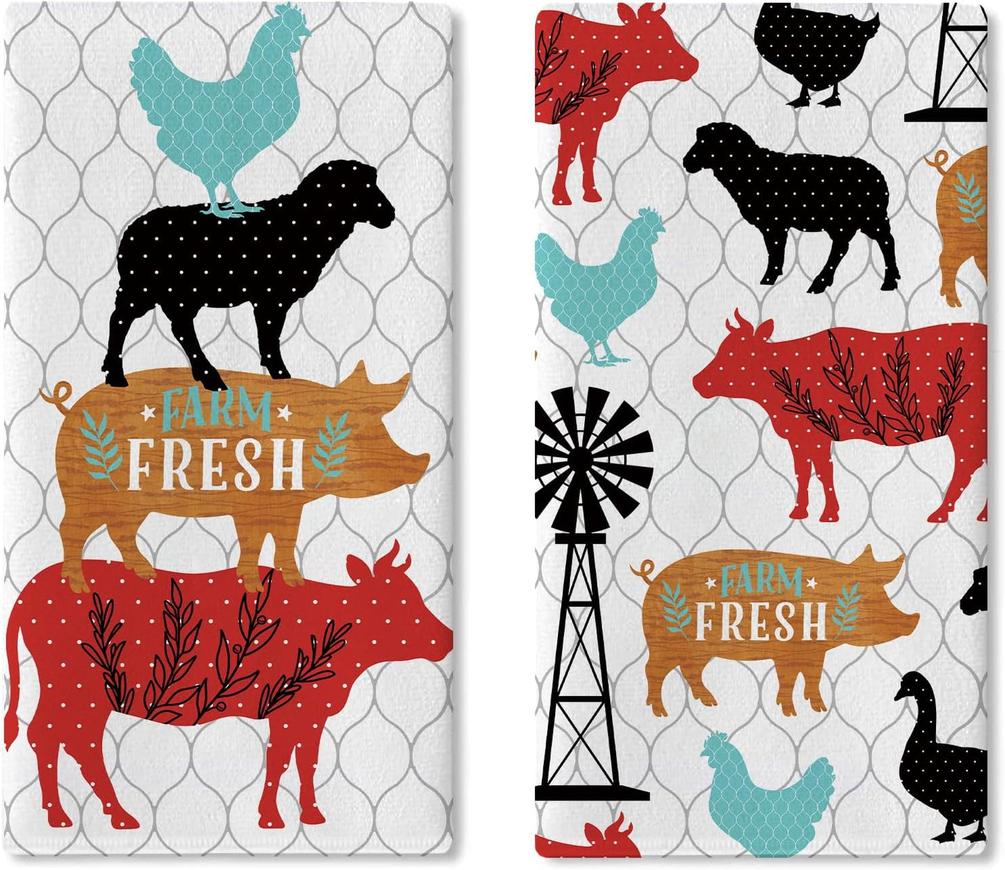 Juego de 2 paños de cocina vintage con motivos de granja y animales