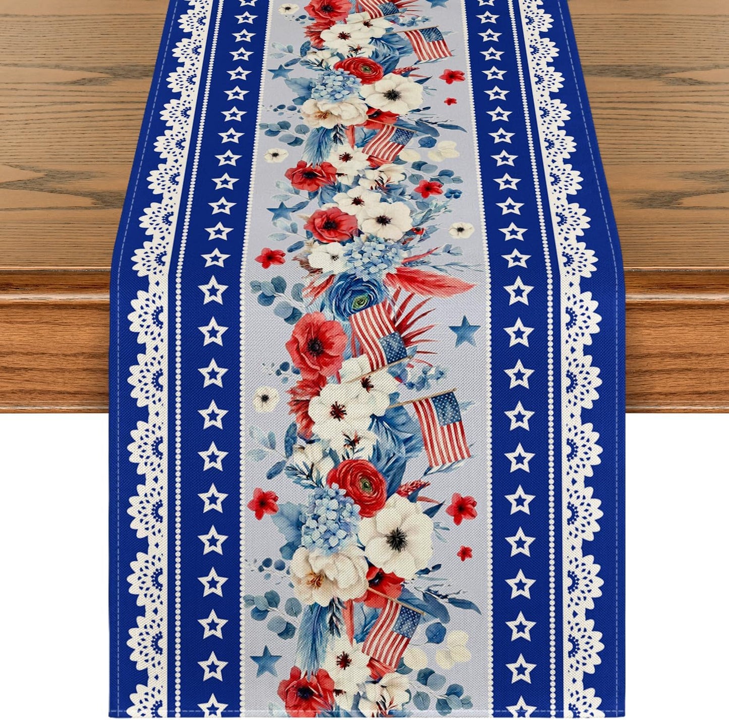 Camino de mesa con bandera estadounidense amapola azul 4 de julio Día de los Caídos 13 x 72 pulgadas