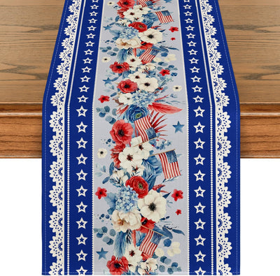 Camino de mesa con bandera estadounidense amapola azul 4 de julio Día de los Caídos 13 x 72 pulgadas