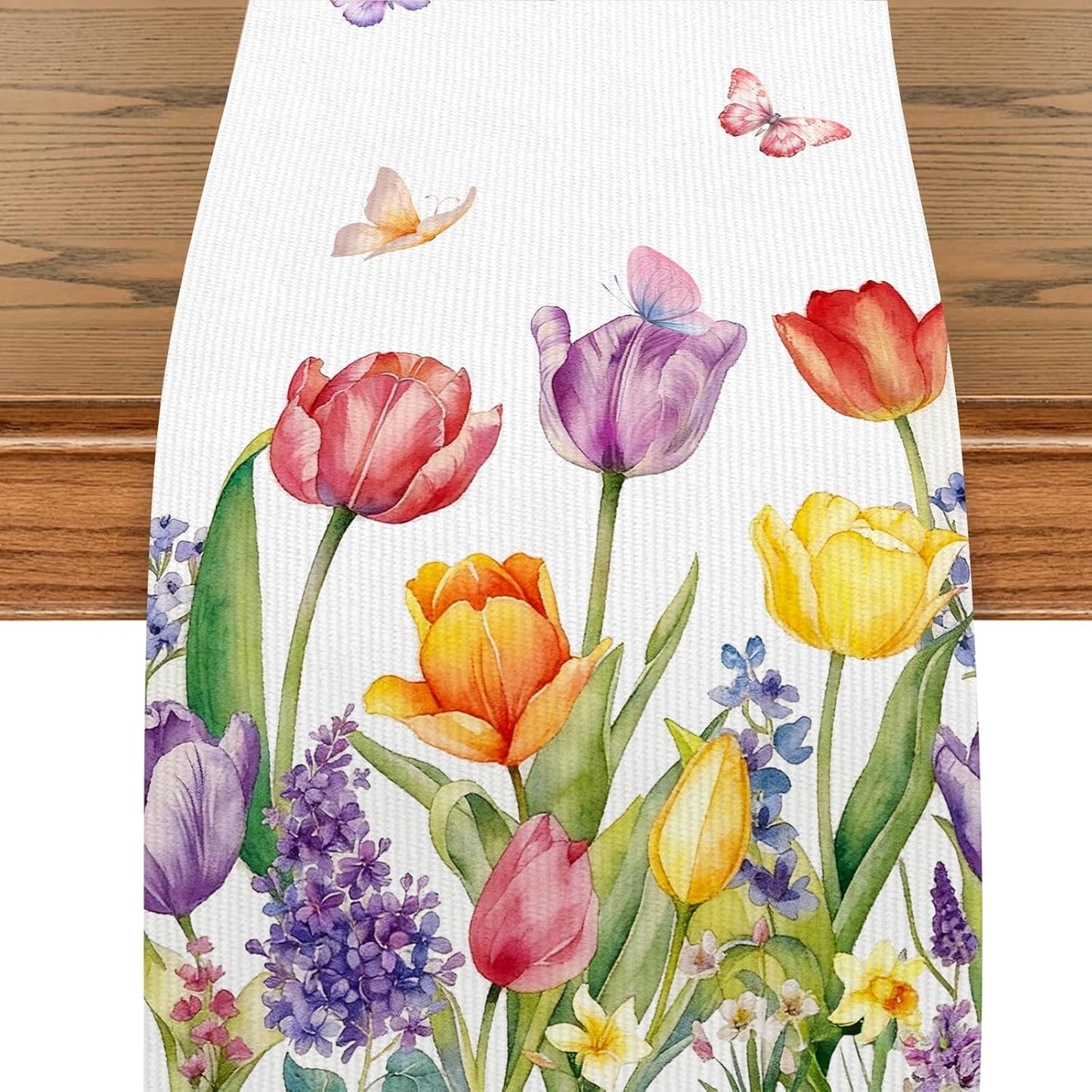 Camino mesa tulipanes patrón mariposa rosa amarilla 13x72pulg