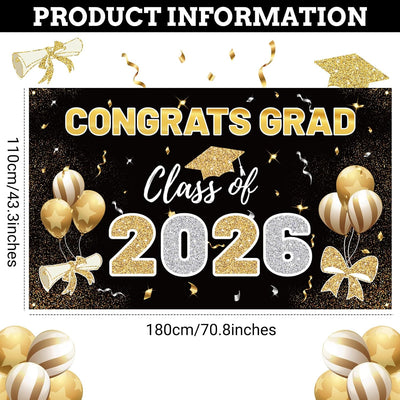Telón graduación 2026 70.8x43.3pulg oro negro poliéster