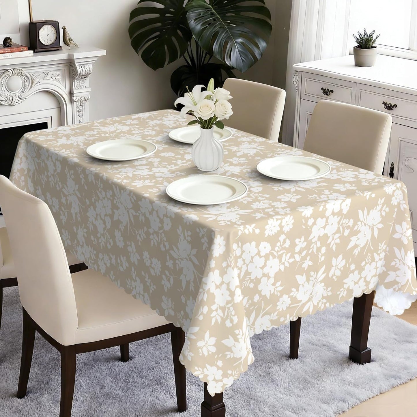 Mantel rectangular poliéster lavable con diseño floral beige 60x84