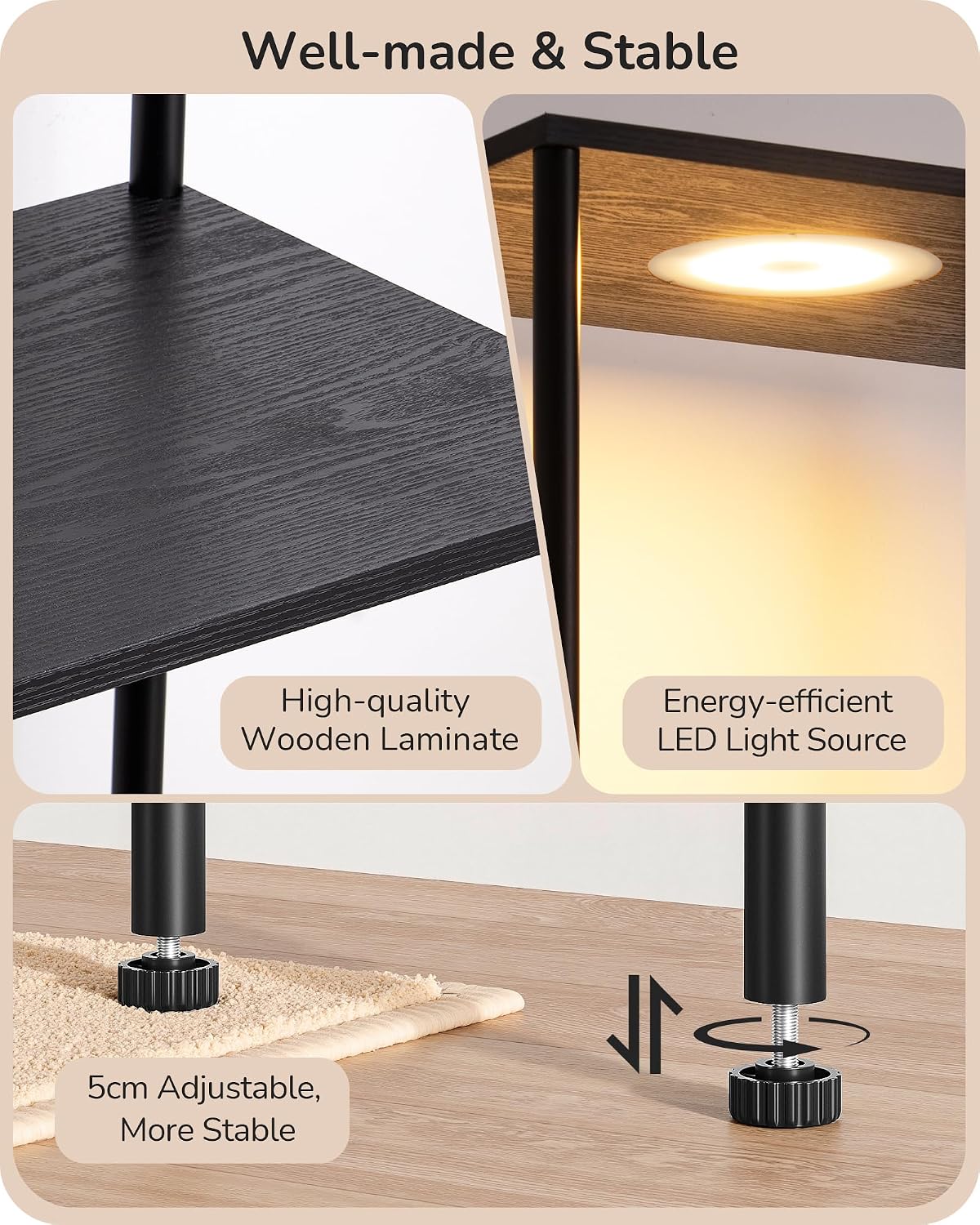Lámpara pie moderna 5 niveles estante luz ajustable negro