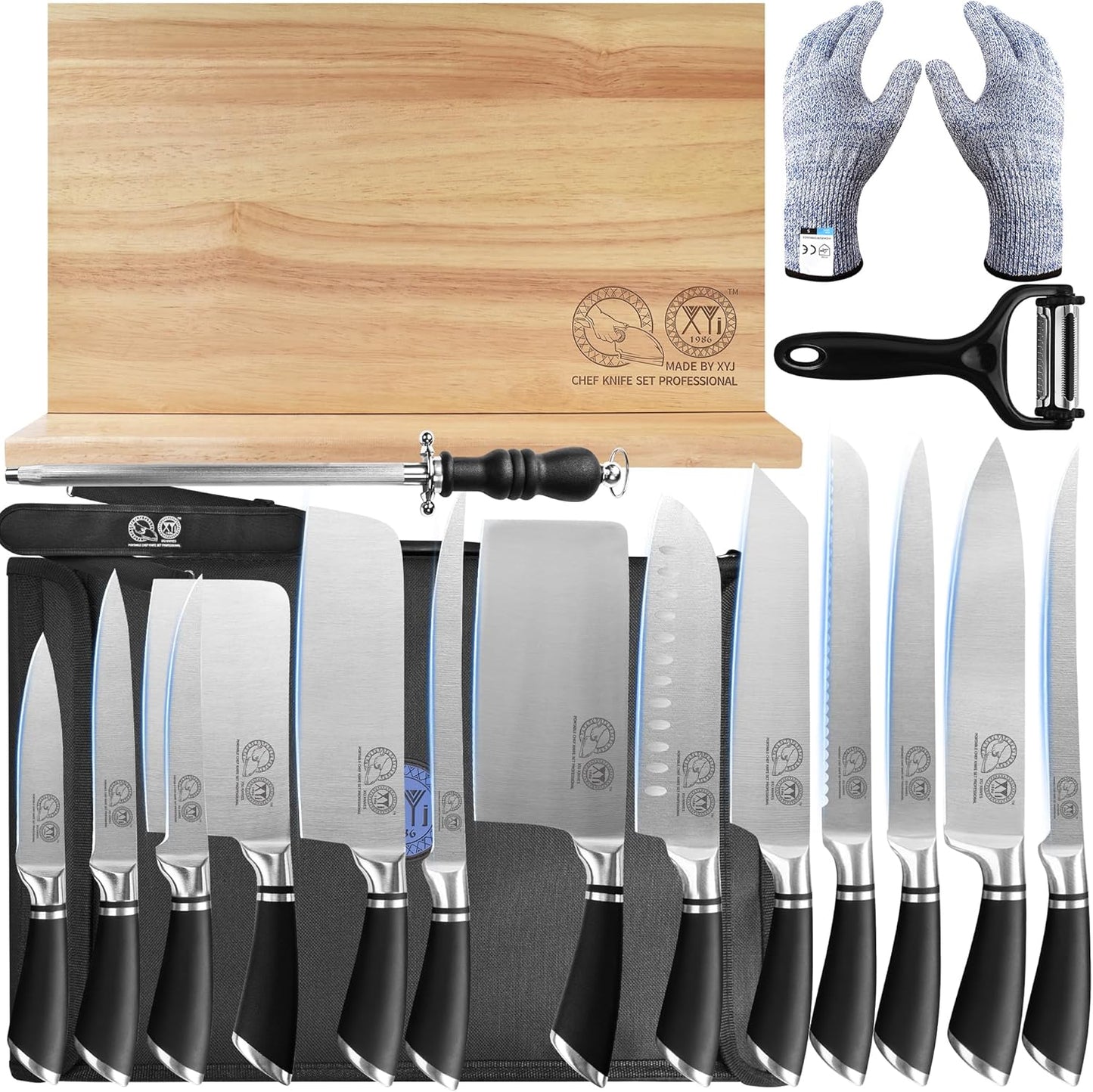 Set 13 Pzas Cuchillos Acero Inox con Bloque y Guantes