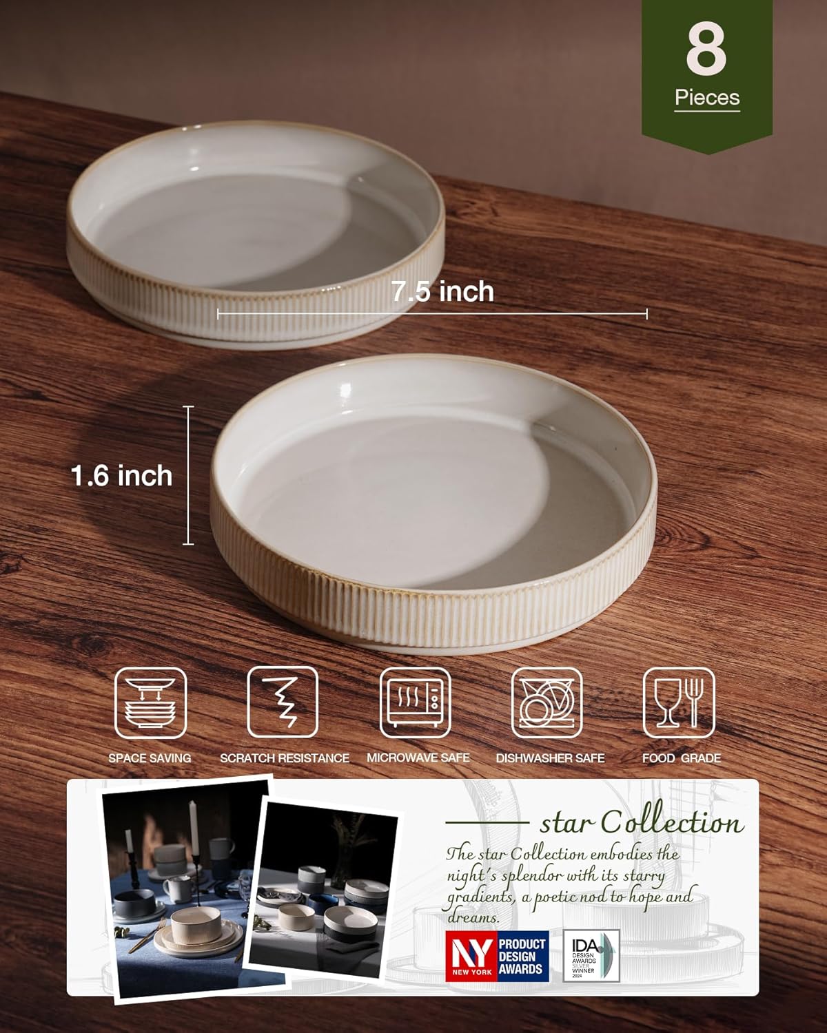Set 8 Cuencos Pasta 7.5pulg Doble Esmalte Blanco Capuchino