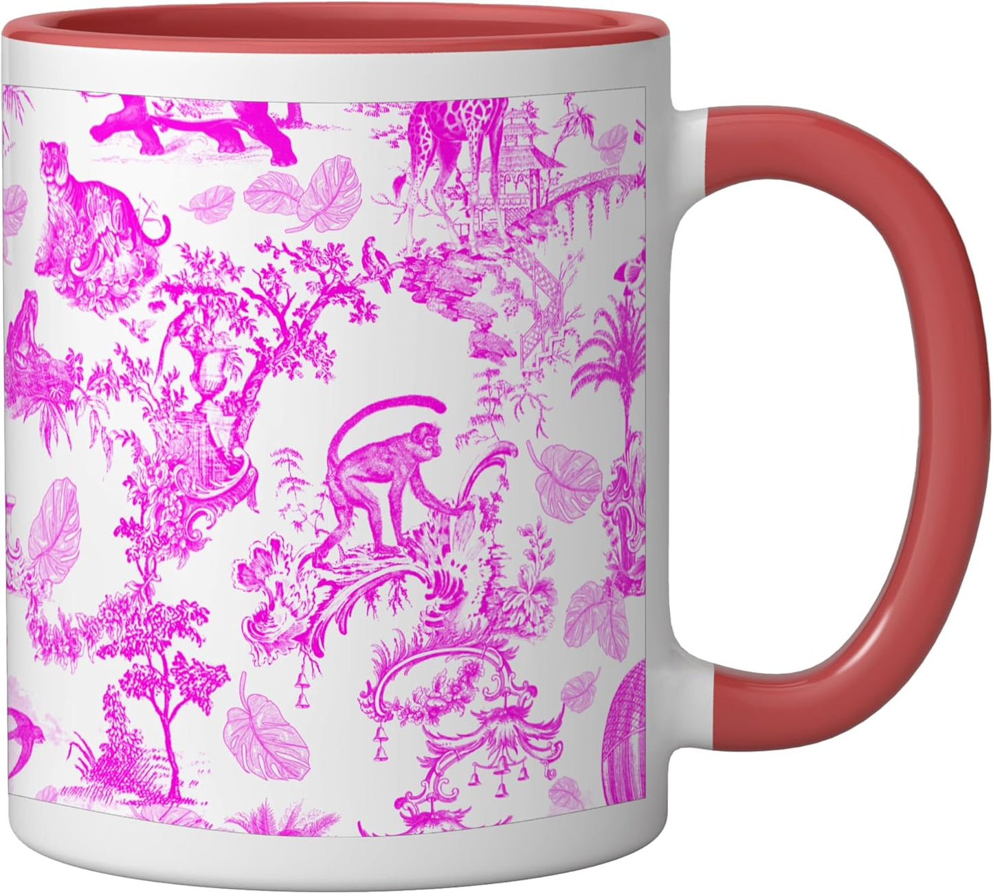 Taza cerámica Preppy Hot Pink Toile Chinoiserie con manchas de mono leopardo