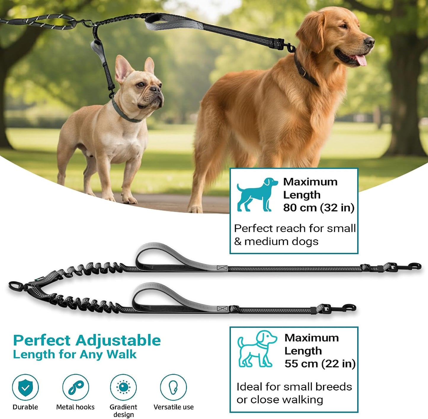 Acoplador doble correa perro resistente gris con mango acolchado