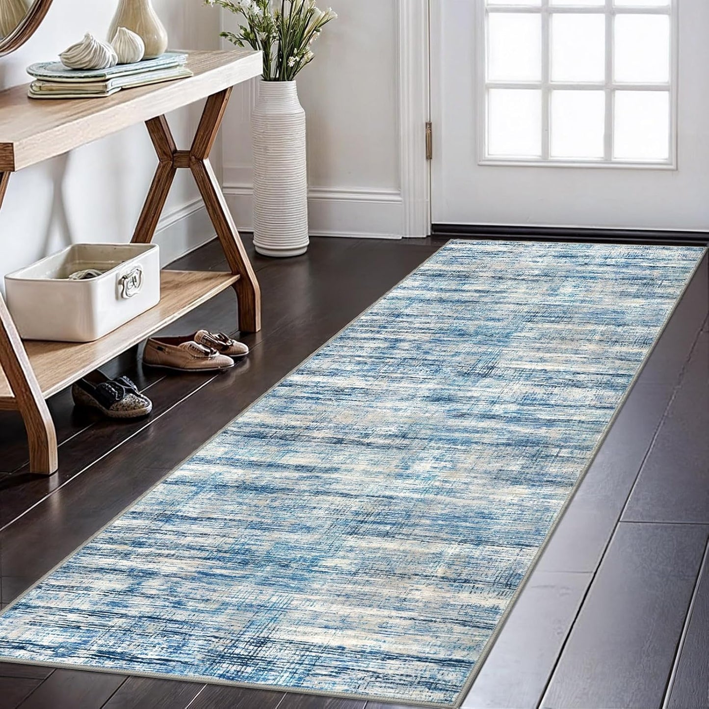Alfombra pasillo 2x6ft antideslizante suave azul beige rayas