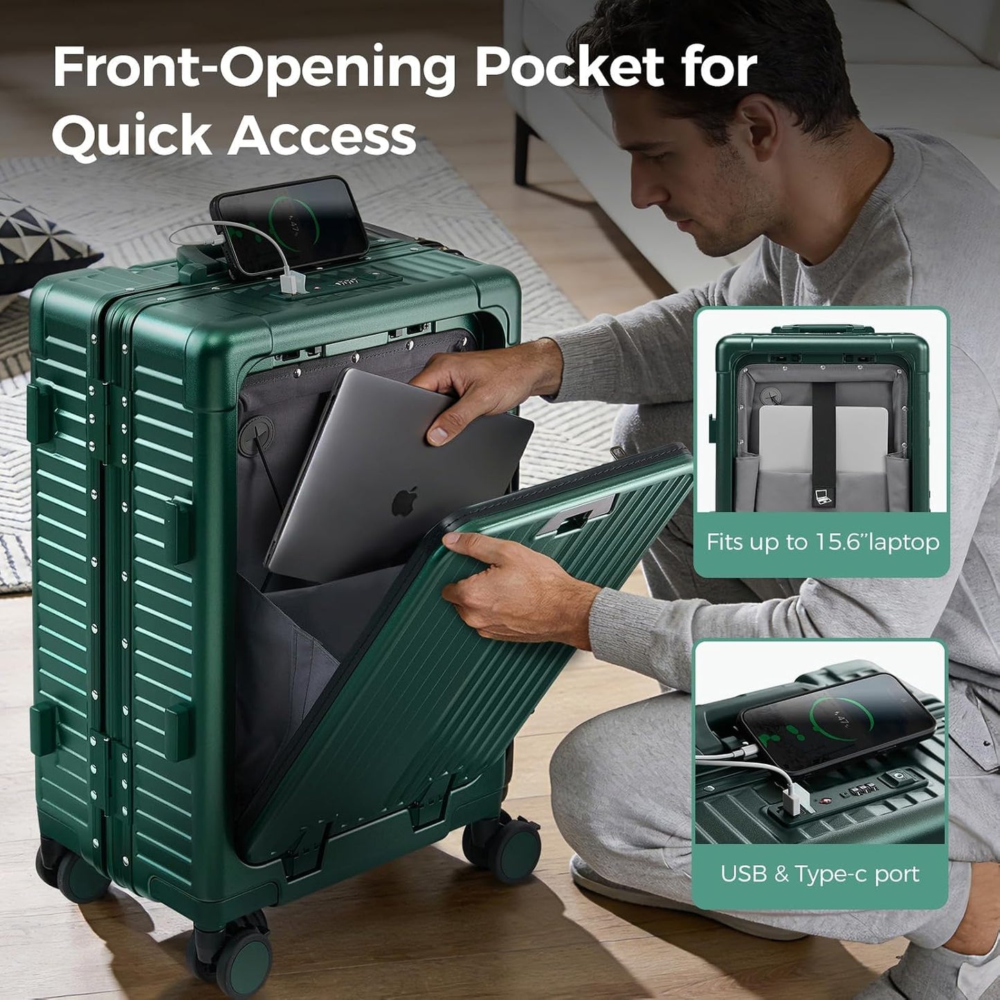 Marco aluminio equipaje mano con portavasos USB 20pulg verde oscuro