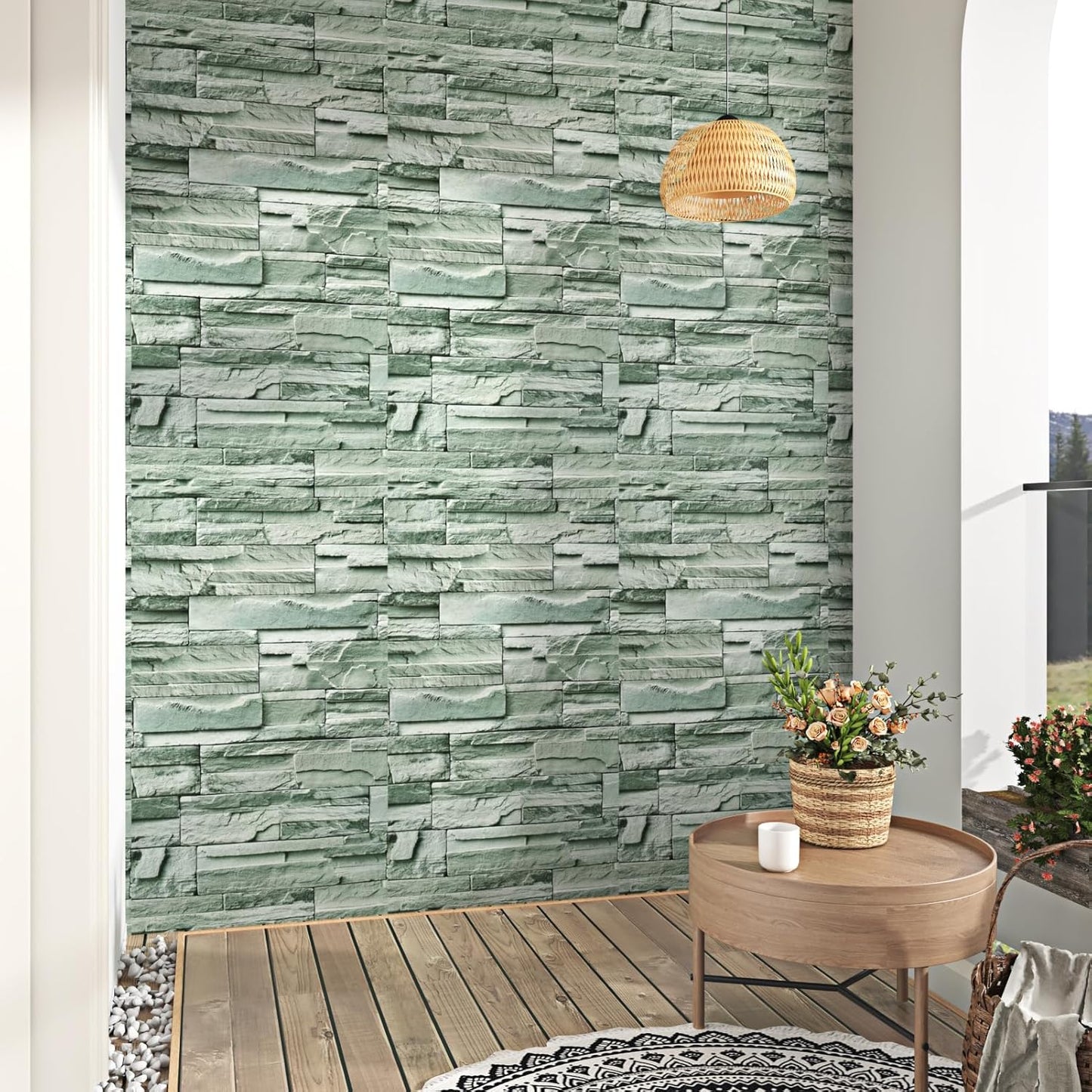 Papel tapiz ladrillo verde autoadhesivo efecto piedra textura 3D