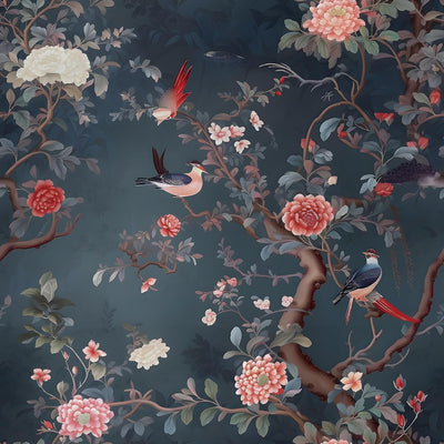 Papel tapiz floral chinoiserie verde azulado oscuro autoadhesivo