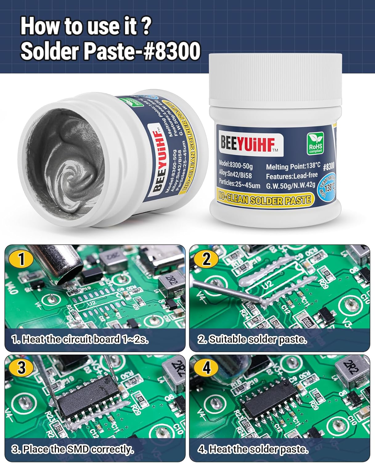 Pasta soldar sin plomo Sn42 Bi58 280.4°F electrónica 1.76oz