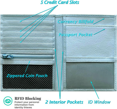 Cartera pasaporte cuero genuino RFID azul