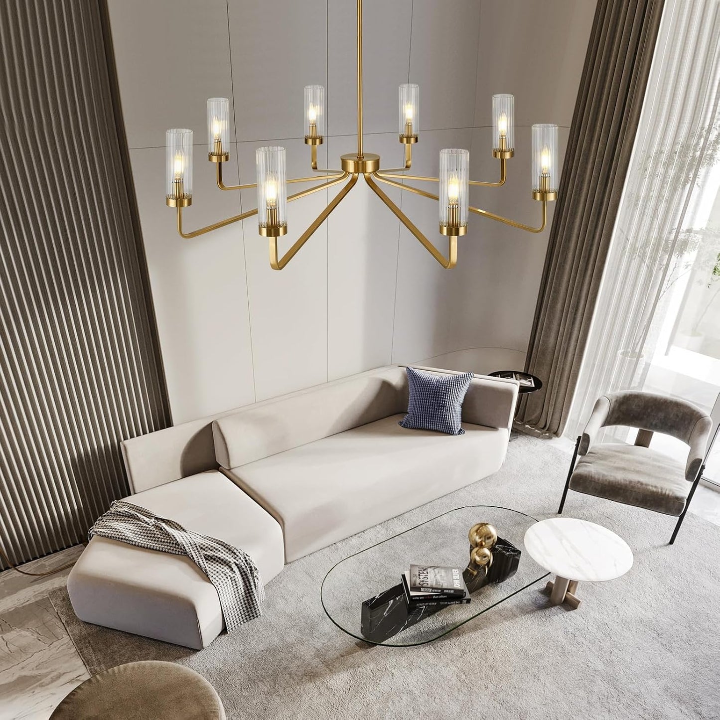 Candelabro dorado 40pulg 8 luces vidrio a rayas