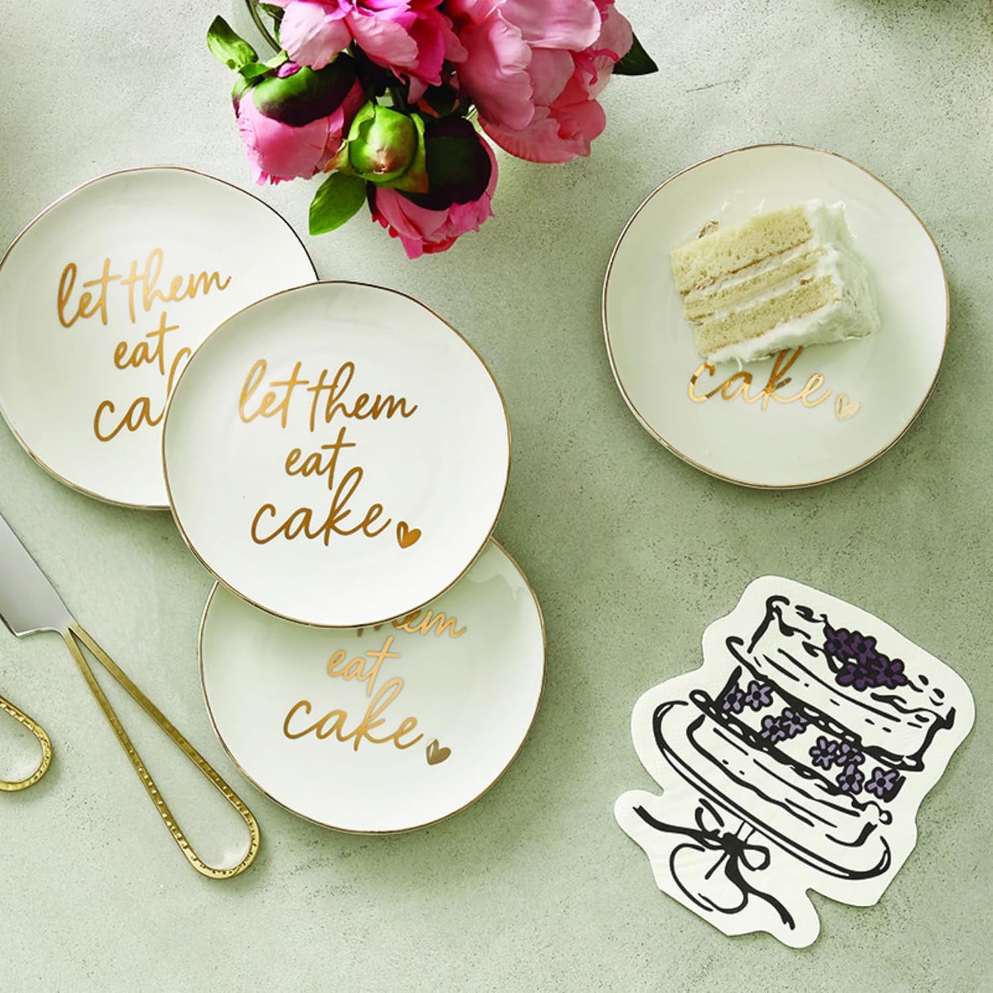 Set 4 Platos Cerámica 6pulg Blanco Oro Let Them Eat Cake