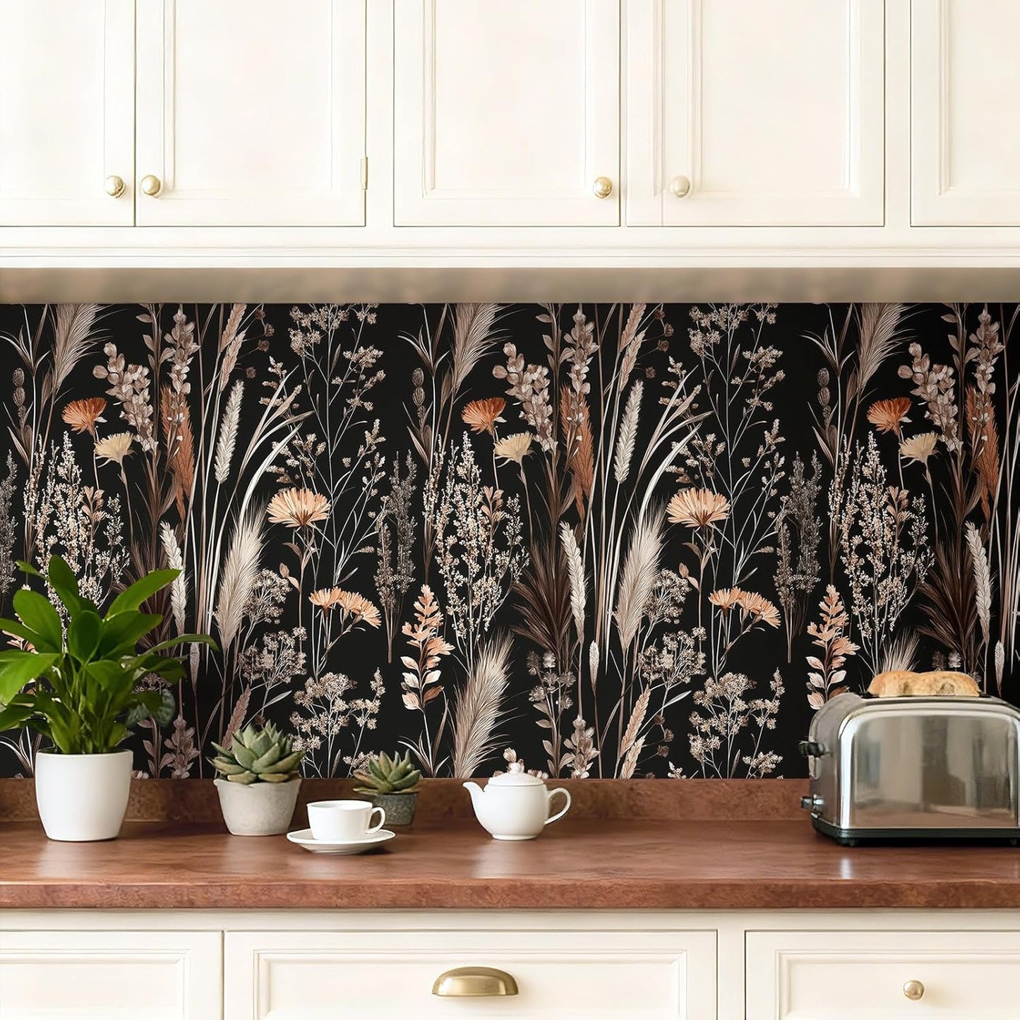Papel tapiz floral marrón oscuro prepegado estilo bohemio