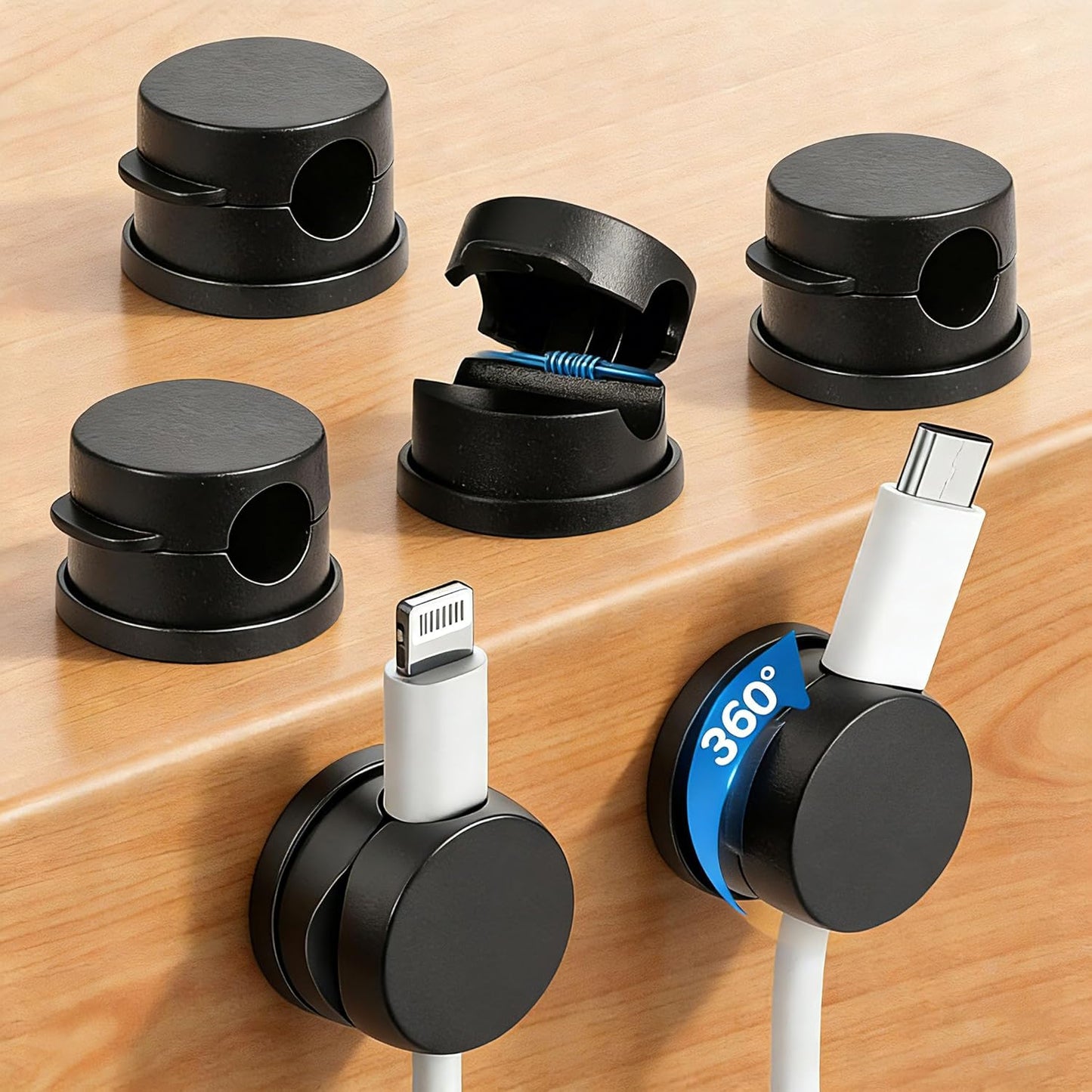 Soporte cables giratorio 360° con clips adhesivos negro