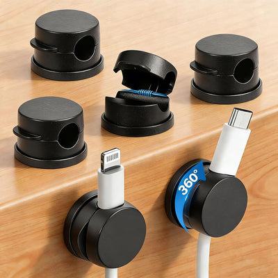 Soporte cables giratorio 360° con clips adhesivos negro
