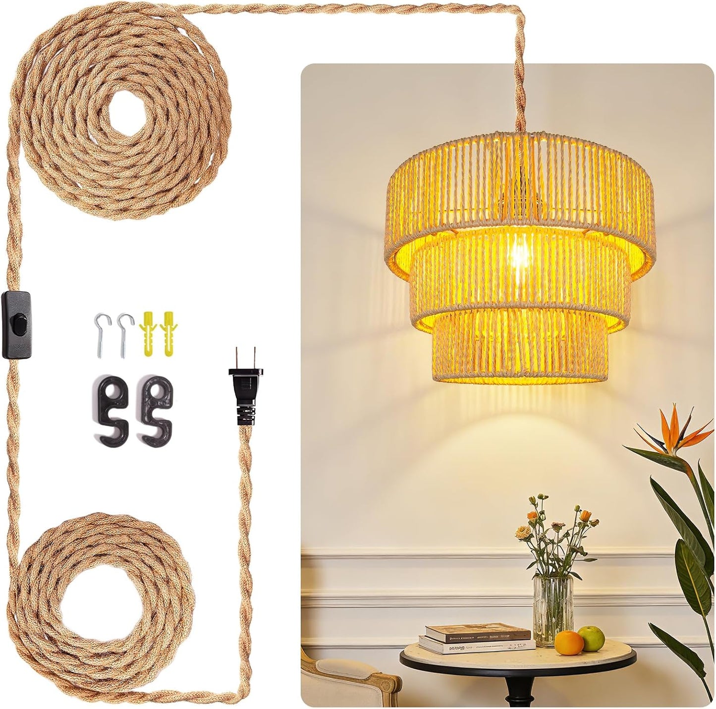 Lámpara colgante rattan con cordón para salón dormitorio cocina
