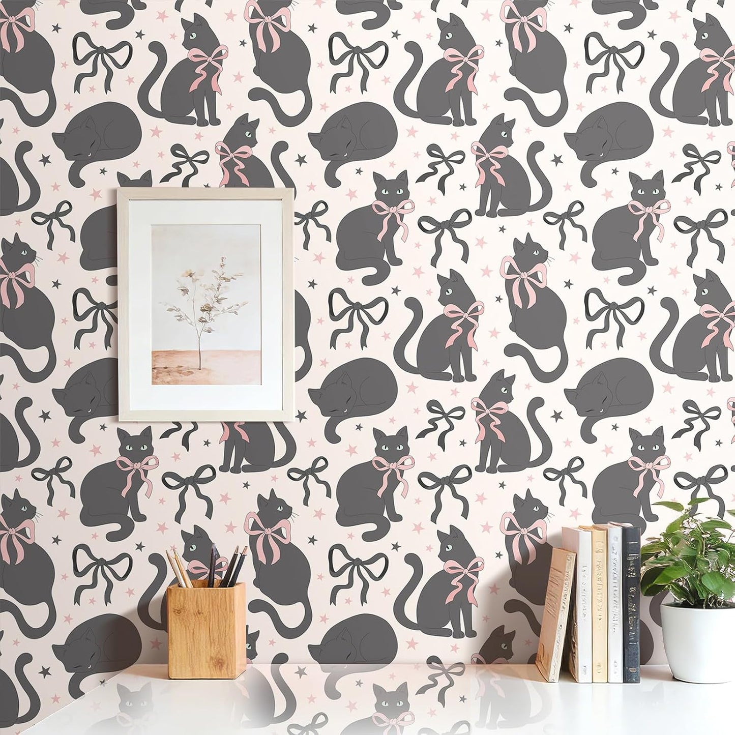 Papel tapiz gato extraíble negro rosa estrellas coqueta dormitorio