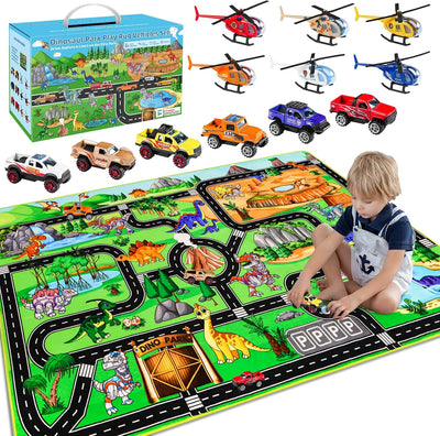 Alfombra juego dinosaurios con 12 vehículos metal 59x39.4