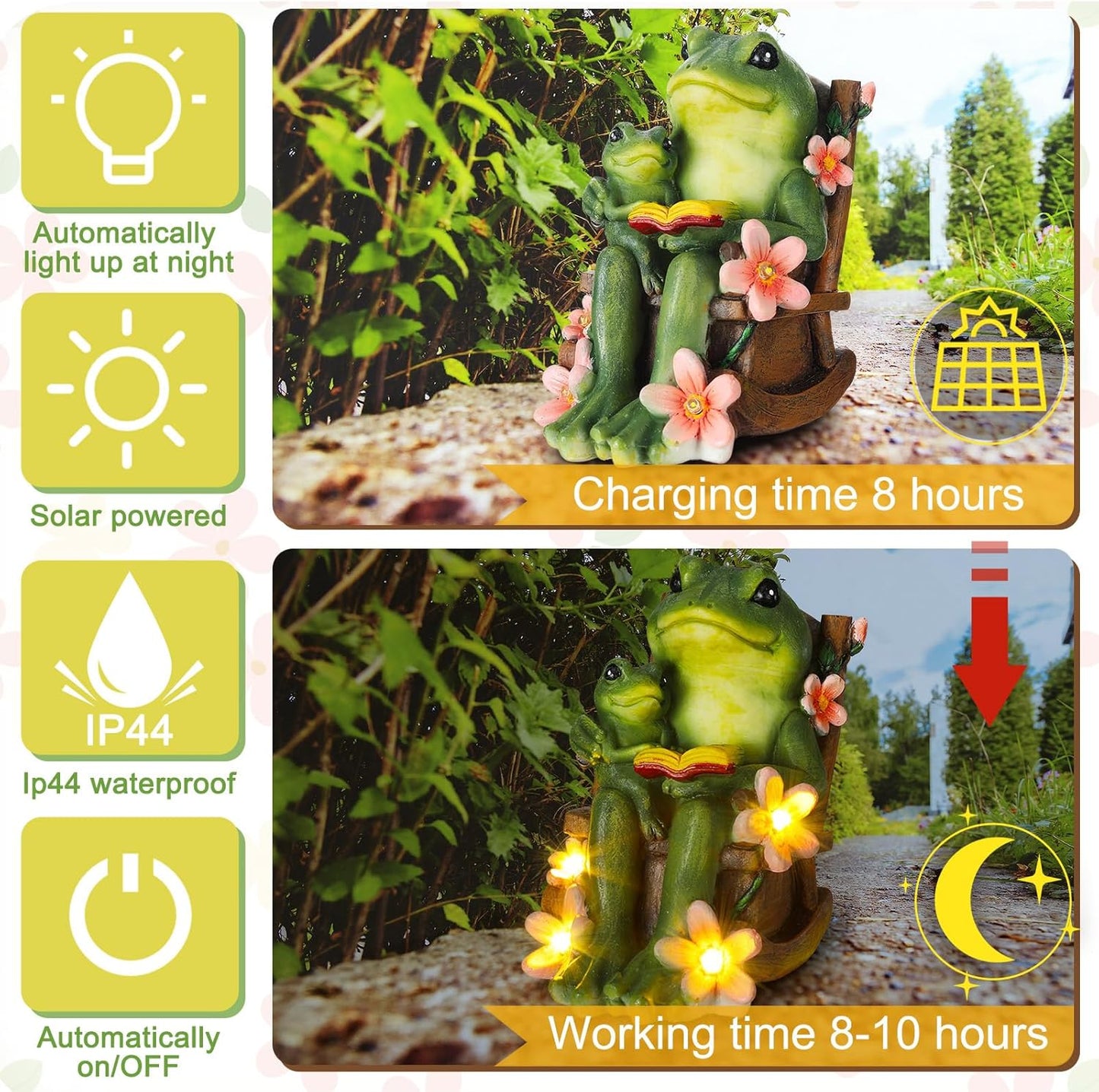 Estatua rana solar jardín mecedora con libro LED