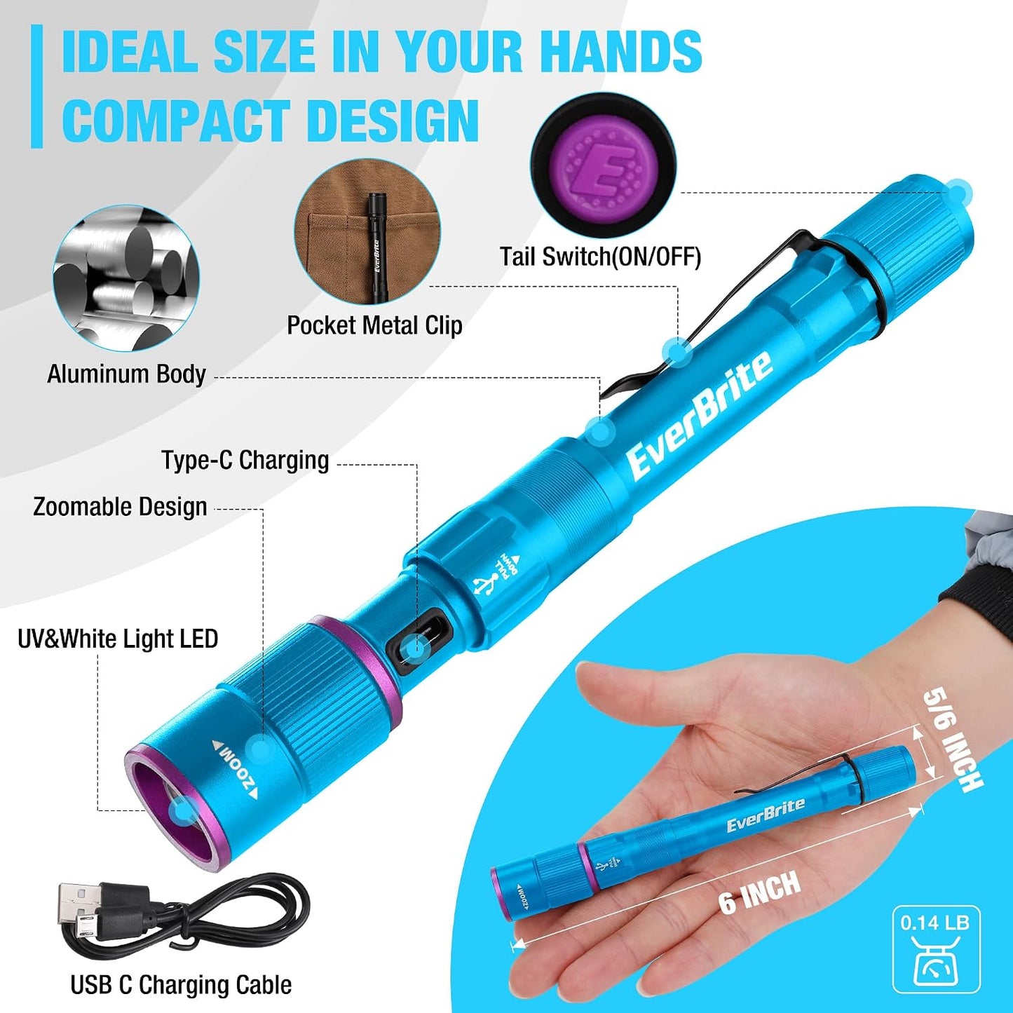 Linterna recargable UV y blanca 395 nm con clip 4 modos USB C