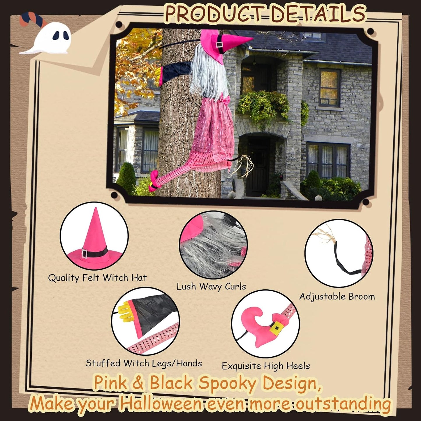 Decoración Halloween bruja voladora 67pulg rosa