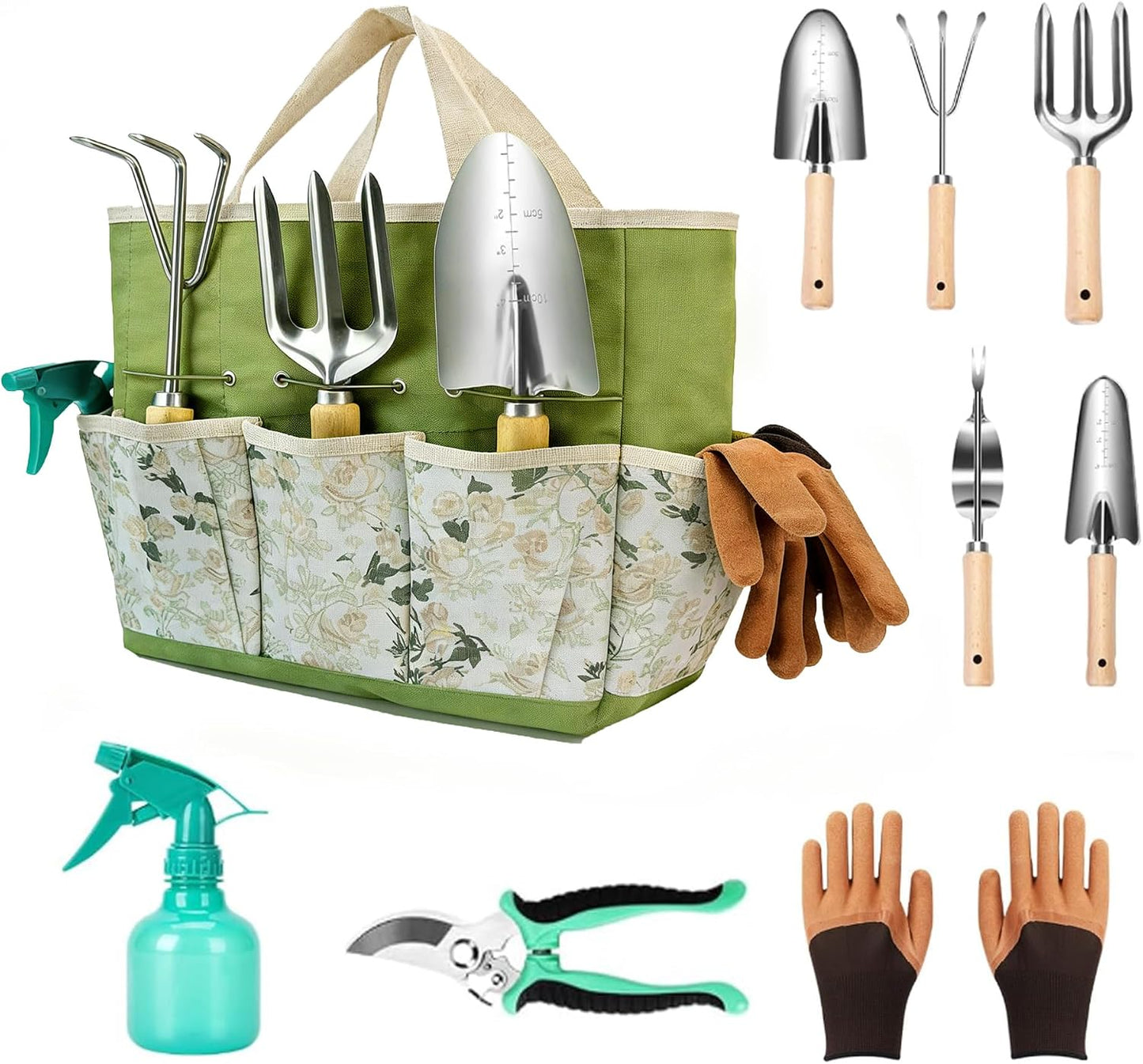 Set 9 Pzas Herramientas Jardín Acero Inox Bolsa Verde