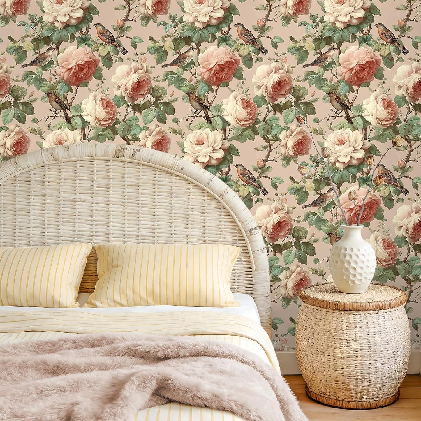 Papel Tapiz Vintage Rosas Pájaros 17.7x118pulg Autoadhesivo