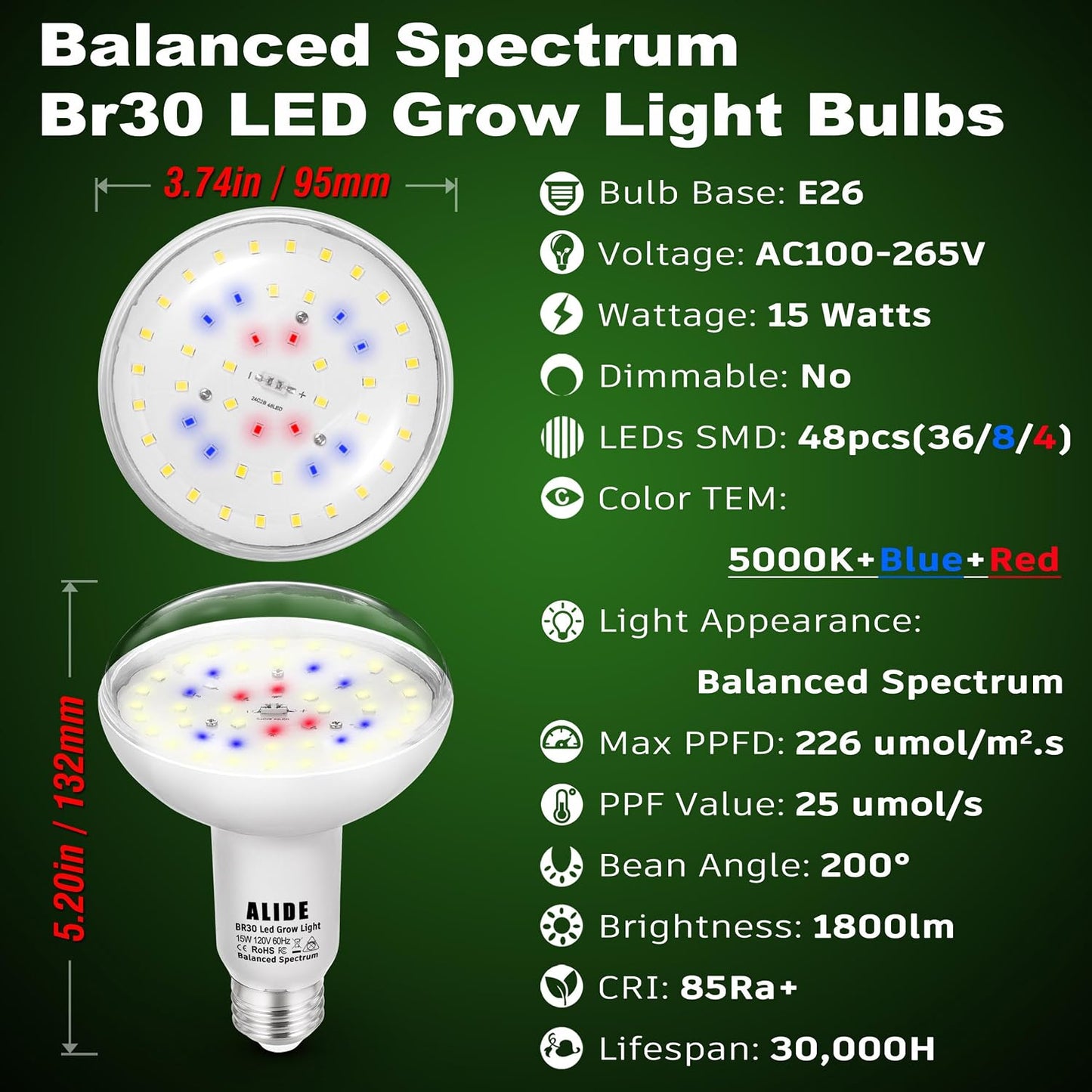 Lámpara LED crecimiento plantas BR30 E26 15W 1800lm
