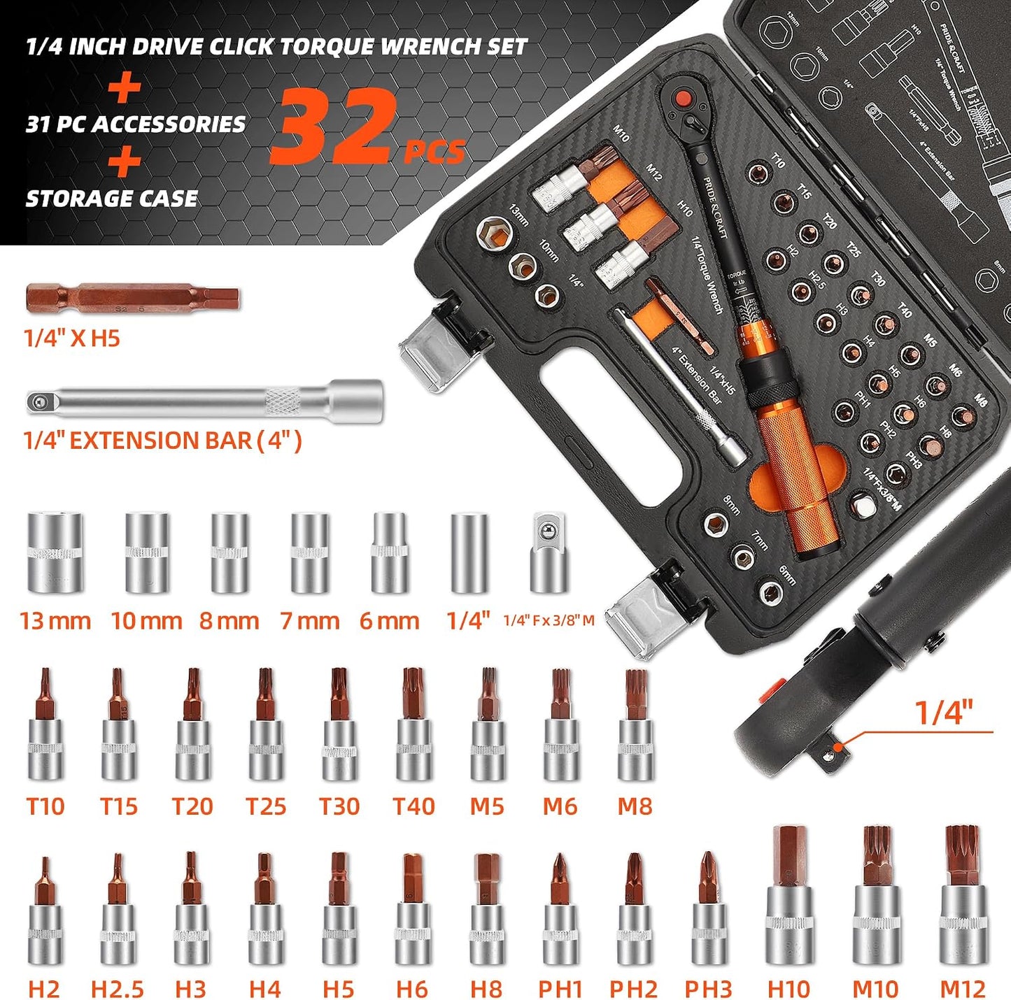 Set 32 llaves dinamométricas 1/4 pulg clic 10-220 lb adaptador 3/8
