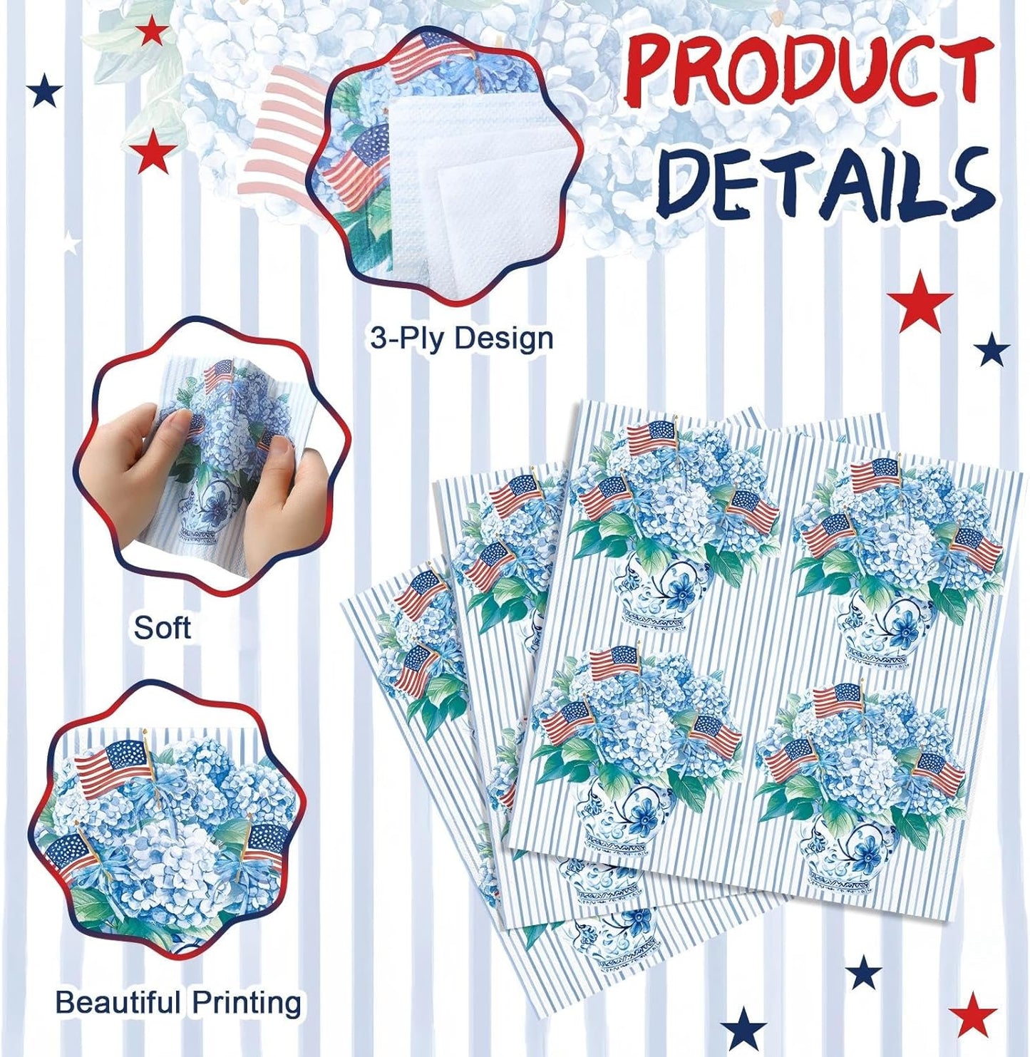 Servilletas cóctel florales patrióticas 5x5 pulg 80 pzas